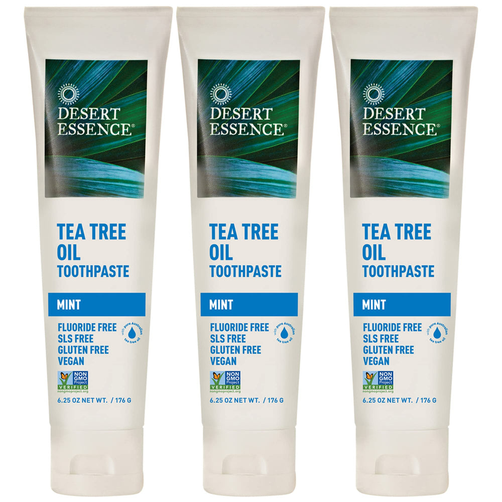 Front view of Desert Essence Tea Tree Oil Toothpaste Mint Pack of 3 (18.75 oz total)