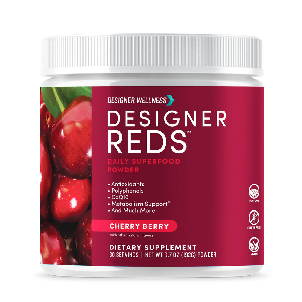 Front packaging of Designer Reds daily superfood powder in Cherry Berry flavor