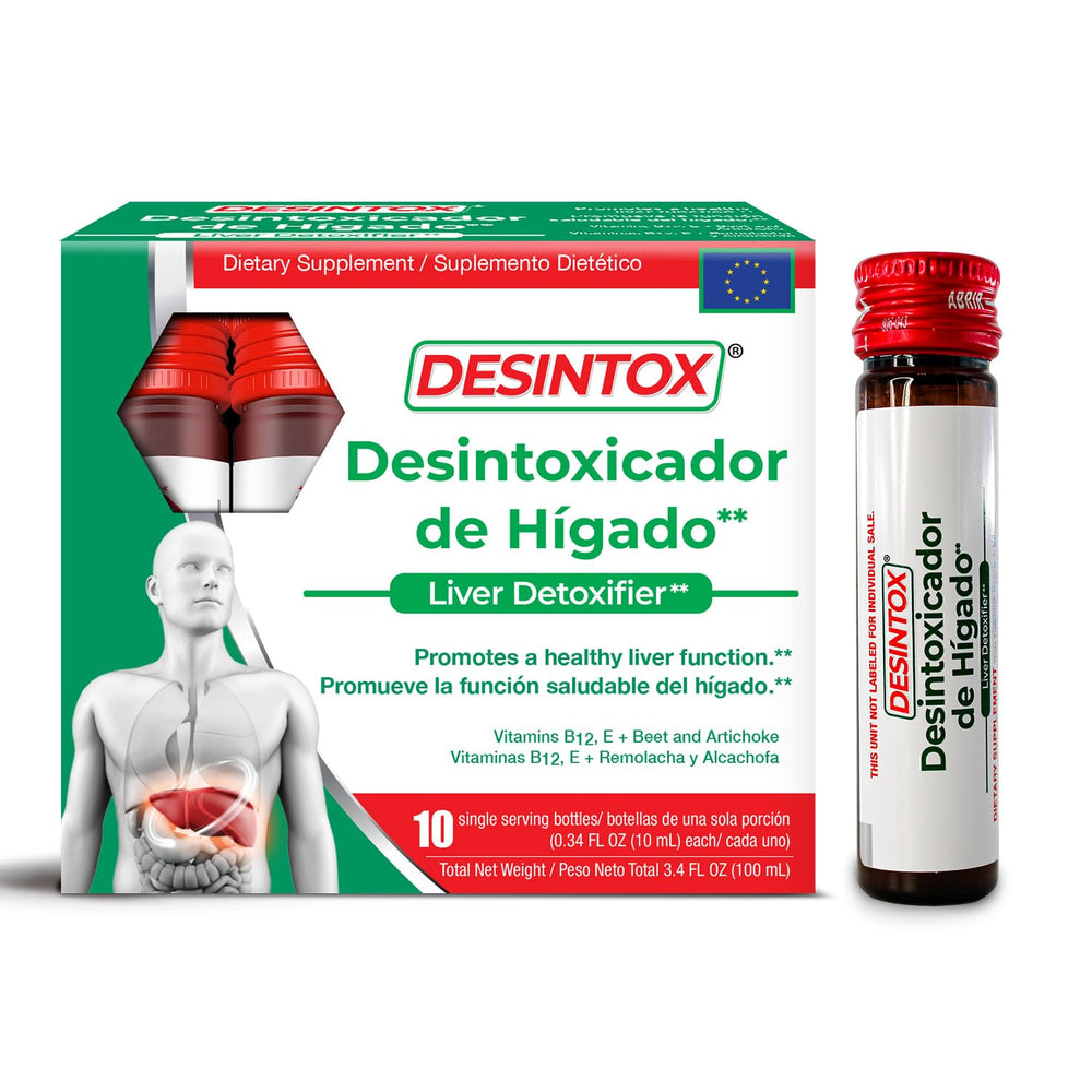 Desintox Liver Support Liquid Shot bottle with a glass