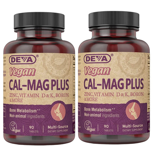 Hero image showing DEVA Calcium Magnesium Plus 2-Pack bottles