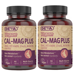 Hero image showing DEVA Calcium Magnesium Plus 2-Pack bottles