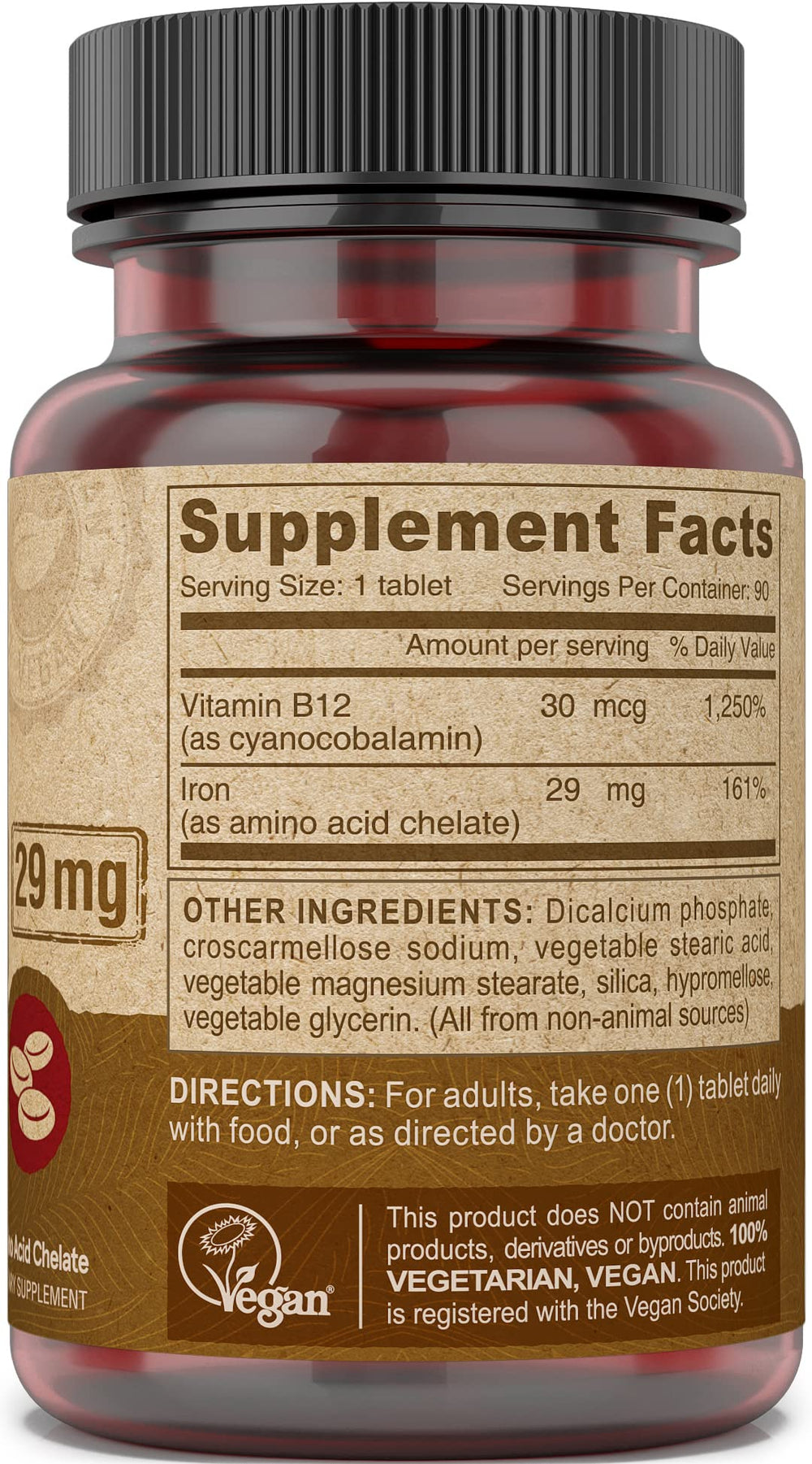 Label close-up highlighting iron chelate and Vitamin B-12