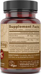 Label close-up highlighting iron chelate and Vitamin B-12