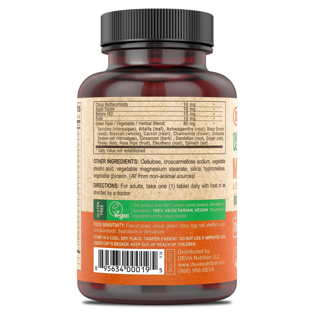 Nutrition label and greens/herbs imagery on DEVA vegan multivitamin packaging