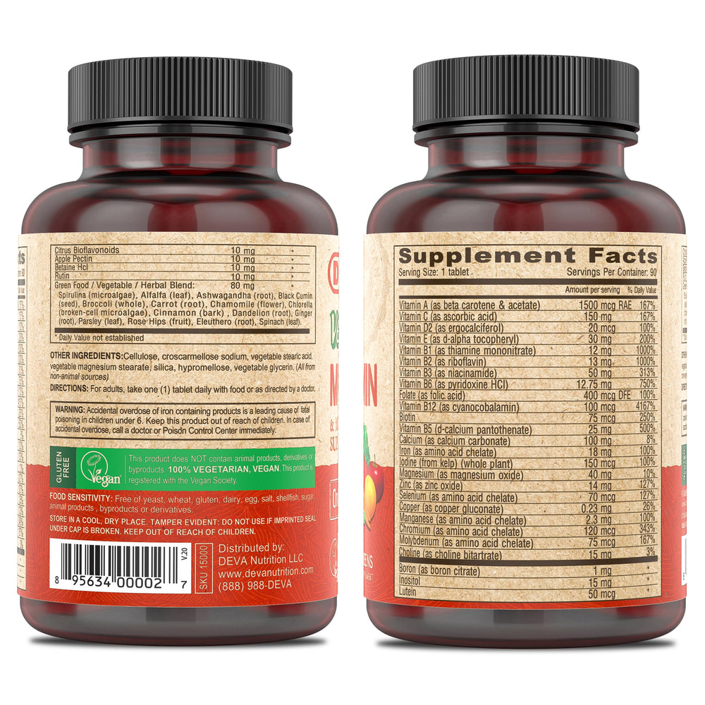 Two bottles of DEVA vegan multivitamin with 90 tablets each