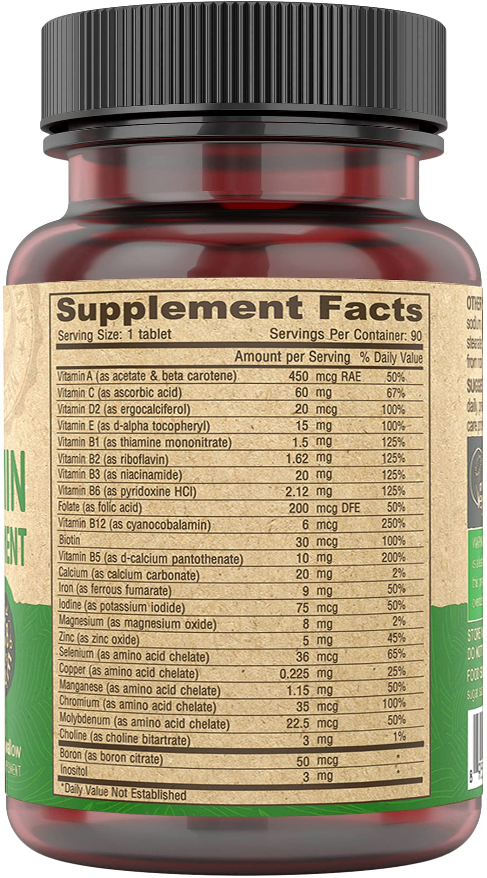 Back label showing ingredients and vitamin information