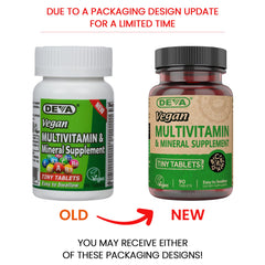Tiny vegan multivitamin tablets next to the bottle for scale