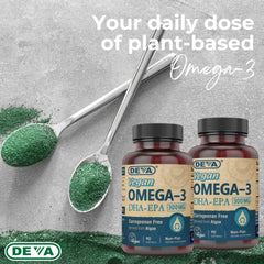90-count bottle of DEVA vegan omega-3 DHA-EPA softgels