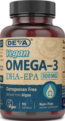 Front view of DEVA Vegan Omega-3 DHA-EPA Softgels bottle