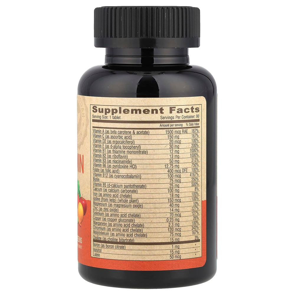 Close up of DEVA vegan multivitamin tablets showing vitamins C B complex E and zinc