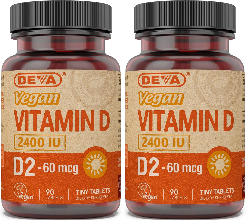 DEVA Vegan Vitamin D2 2400 IU bottle label with 90 tablets, 2-pack