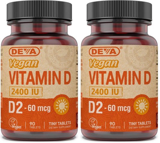 DEVA Vegan Vitamin D2 2400 IU bottle label with 90 tablets, 2-pack