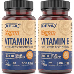 DEVA Vitamin E 400IU bottle with mixed tocopherols for daily antioxidant support.