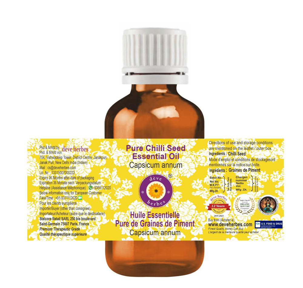 Side view of dève herbes Chilli Seed Essential Oil 50ml amber bottle
