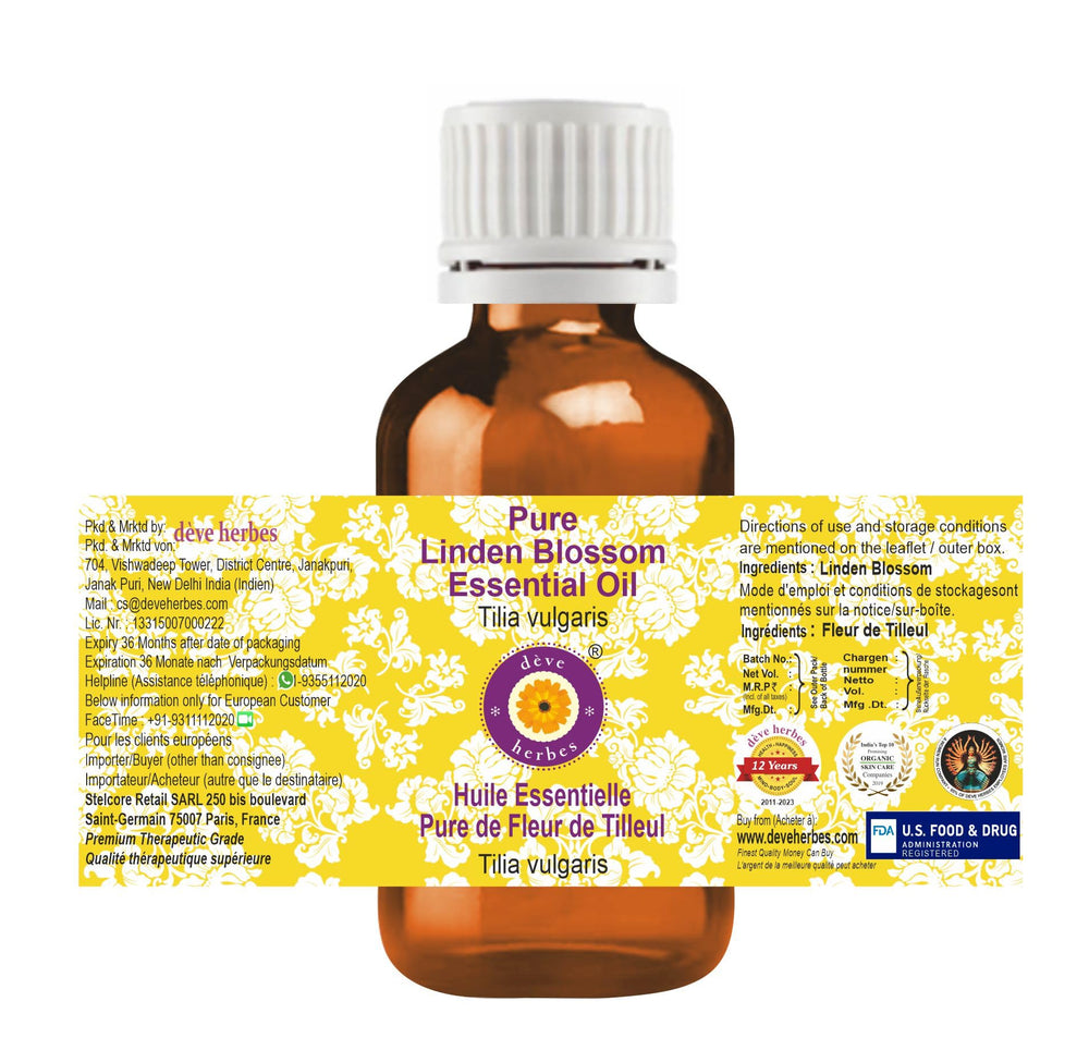 Close-up of amber glass bottle for Linden Blossom essential oil