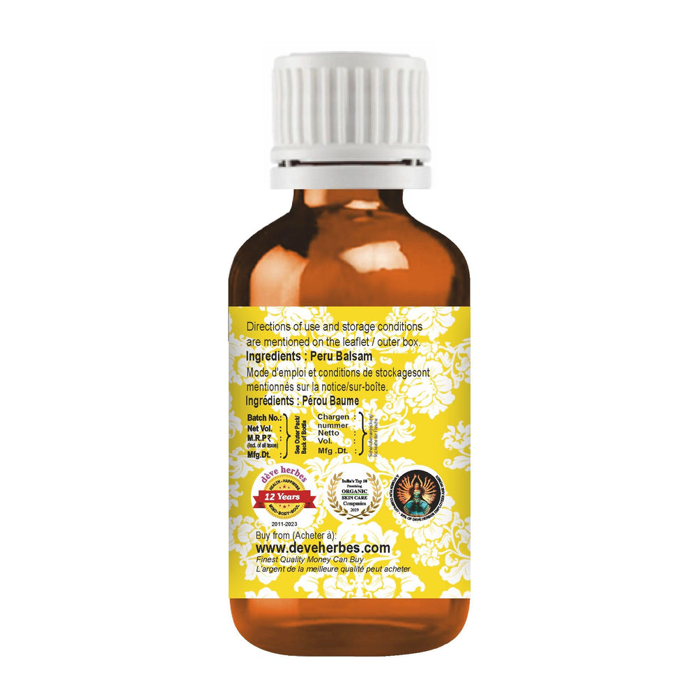 Label showing Peru Balsam essential oil and Myroxylon pereirae