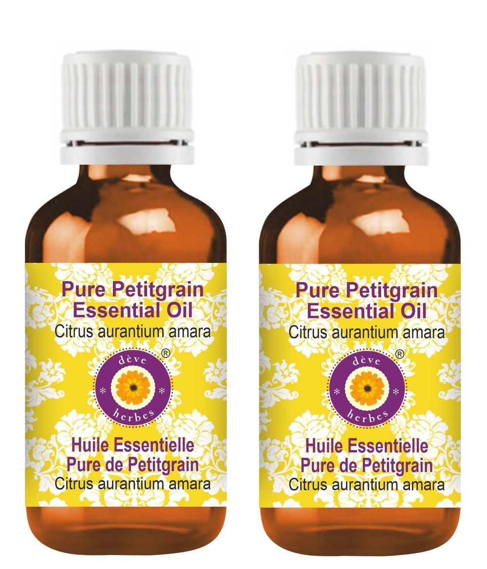 Petitgrain essential oil bottle in amber glass