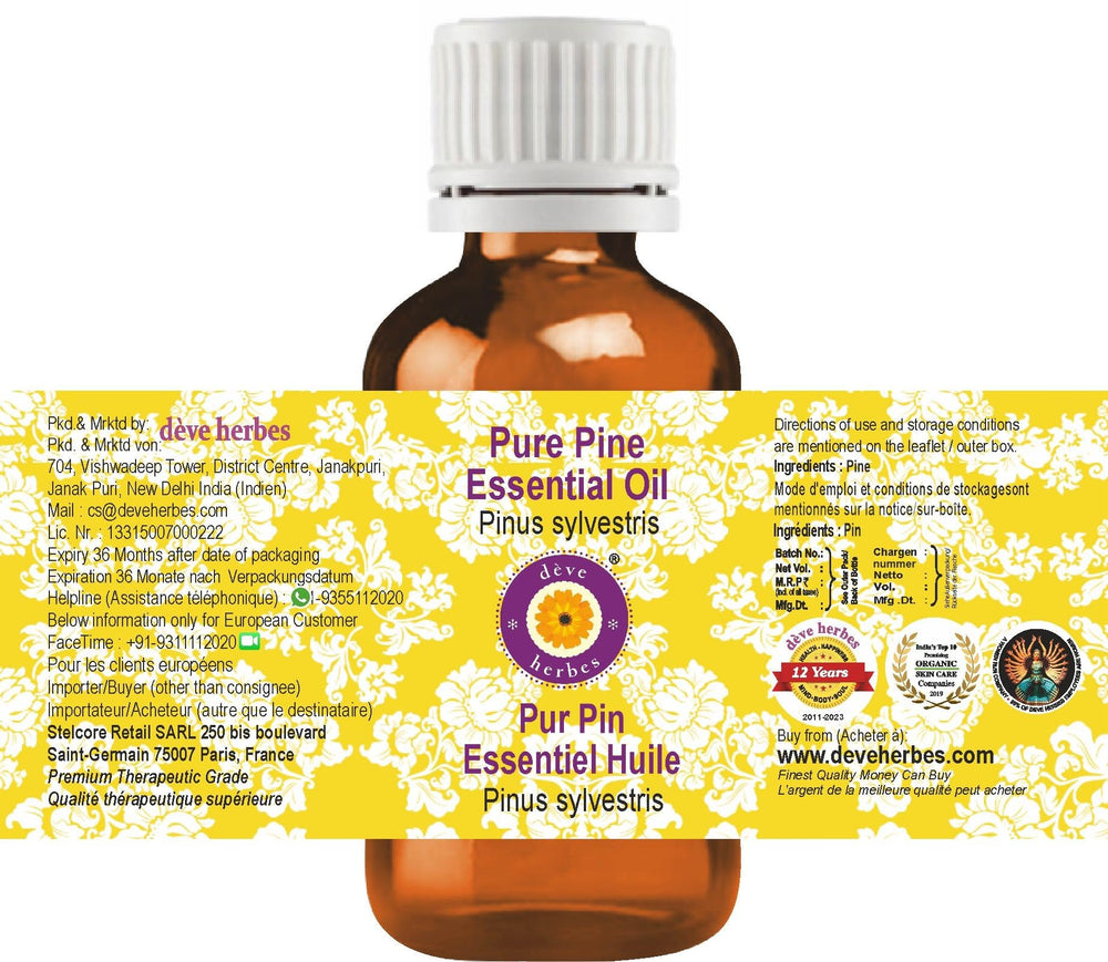 Close-up of Deve Herbes Pine Essential Oil 15ml amber bottle