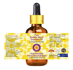 Amber glass bottle of Buddha Wood essential oil with dropper