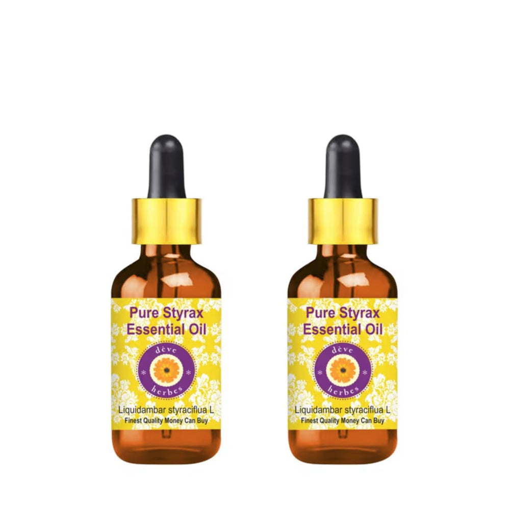 Two 5ml amber glass bottles with glass droppers from Deve Herbes Styrax Essential Oil set