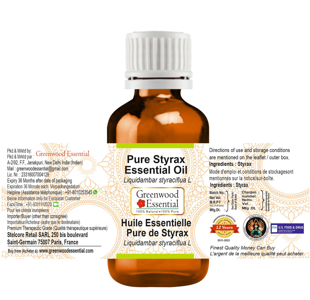 Label for Deve Herbes Styrax essential oil