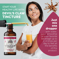 Product label for Devil's Claw tincture highlighting organic and non-GMO ingredients