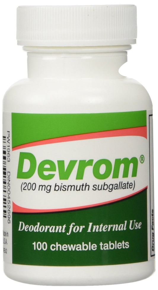 Devrom internal-deodorant tablets packaging shows bottle and label for odor control.