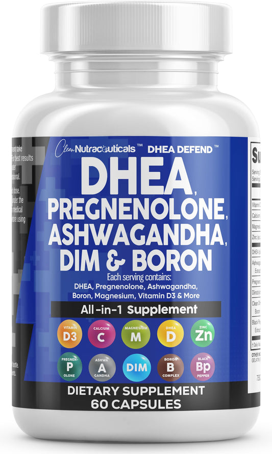 Front label of DHEA 200mg + Pregnenolone 100mg supplement bottle