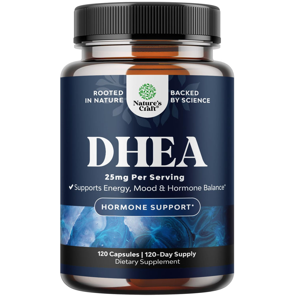 DHEA 25mg supplement bottle for men and women, 120 capsules