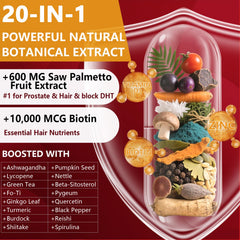 Label highlight showing 600mg Saw Palmetto and 20-in-1 botanicals