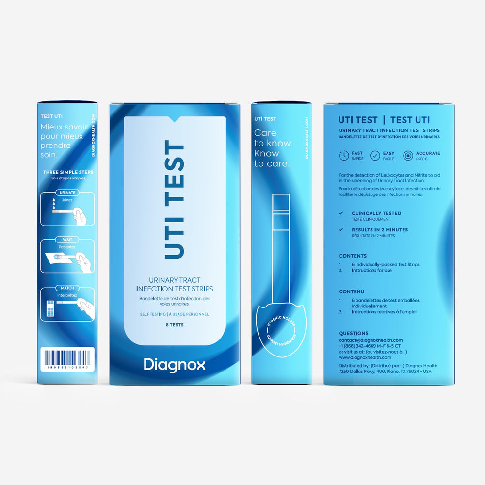 Diagnox UTI Test Strips packaging and sealed pouches