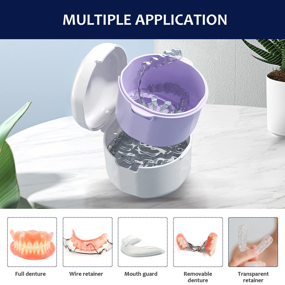 Portable denture bath with built-in rinse basket