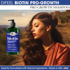 Difeel Biotin Shampoo bottle on a shelf, compact 12 oz bottle.