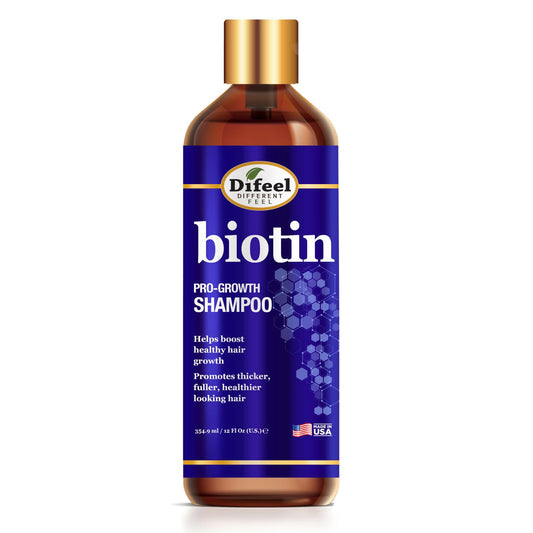 Difeel Biotin Shampoo bottle on a clean surface, color-safe for all hair types.