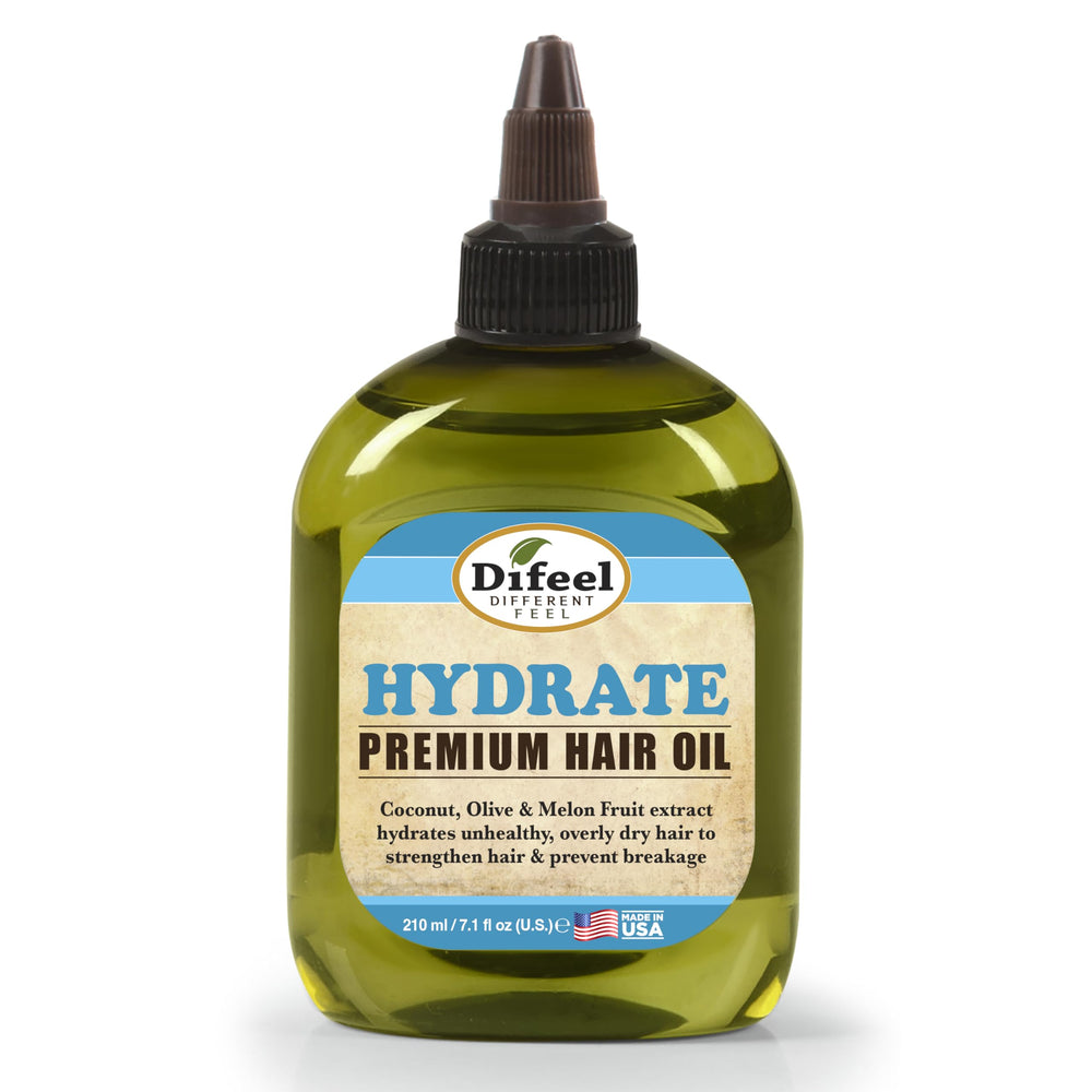 Difeel Hydrate Hair Oil bottle on shelf for frizz control and hydration.