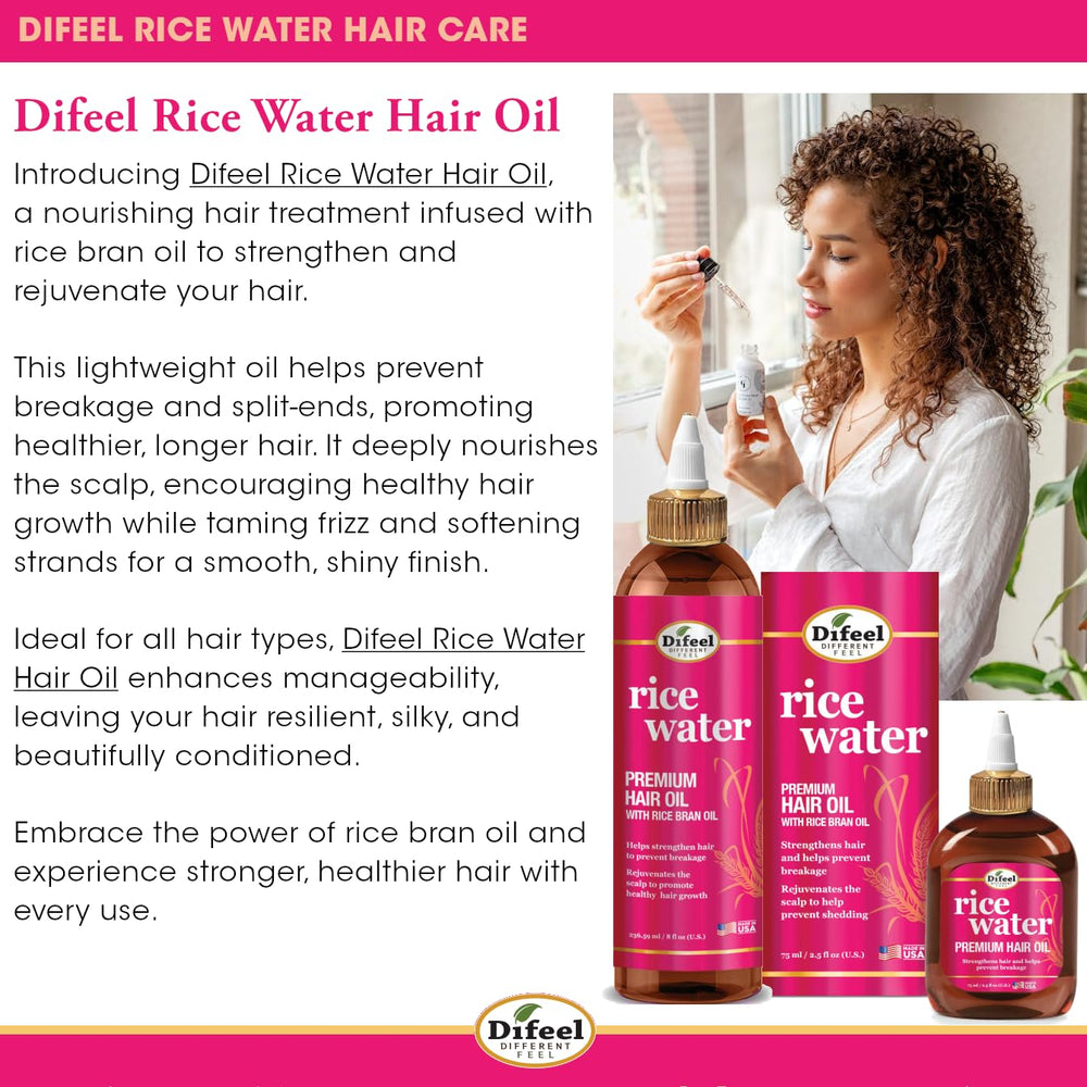 Difeel Rice Water Hair Oil on hair strands delivering shine and softness.