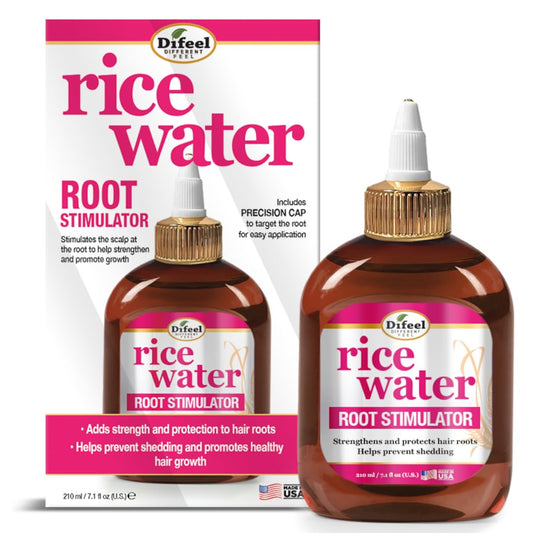 Difeel Rice Water Root Stimulator bottle; lightweight, non-greasy formula for roots.