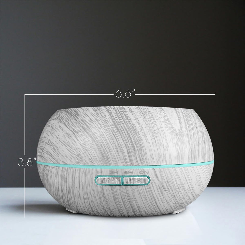 550ml essential oil diffuser in white wood grain finish, side view