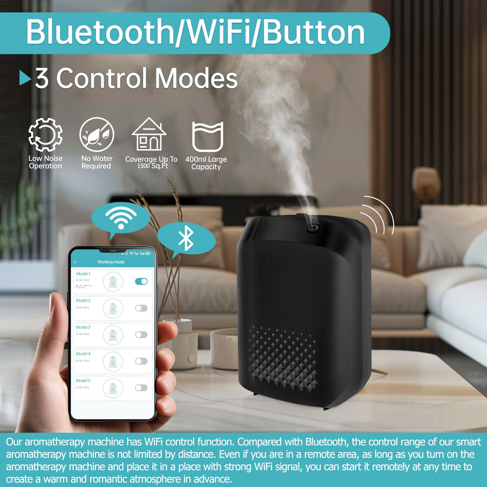 Smartphone app controls diffuser via Bluetooth and WiFi