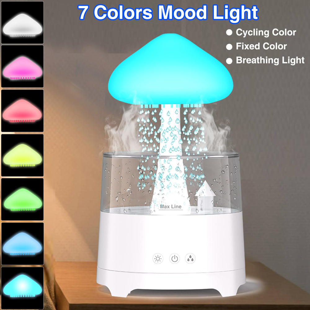 Bedroom scene showing rain sounds and soft mist