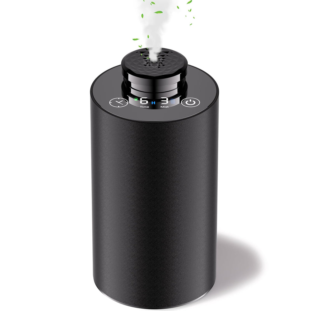 Diffuserlove waterless diffuser in metal black delivers clean diffusion with no spills.