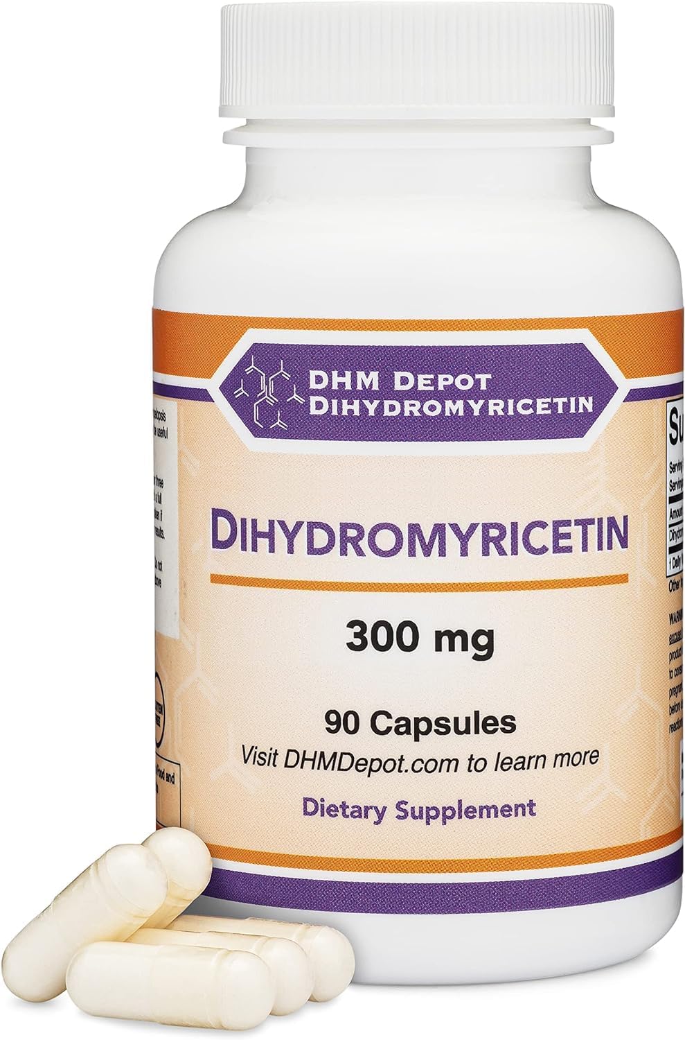 Dihydromyricetin DHM bottle displaying 90 capsules (300mg per capsule).