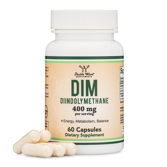 Bottle of DIM supplement showing 400mg servings and 60 capsules