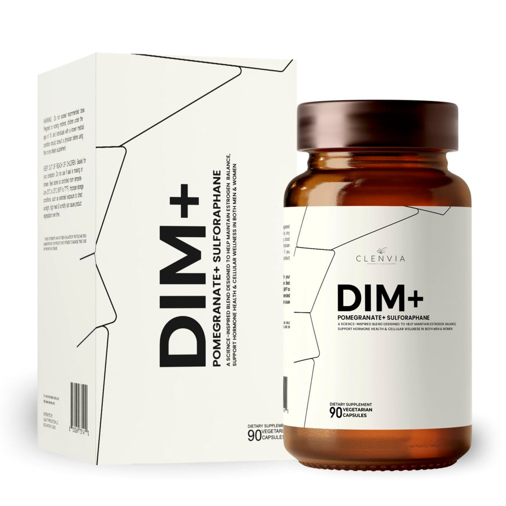 DIM supplement bottle with pomegranate and broccoli-derived sulforaphane ingredients