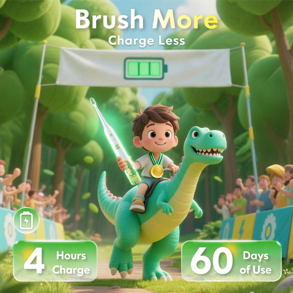 Dinosaur-themed kids toothbrush back view showing design