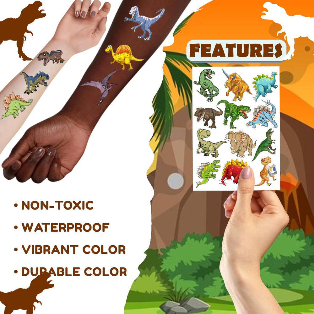Dinosaur Temporary Tattoos showing easy-to-apply designs on hands for quick fun.
