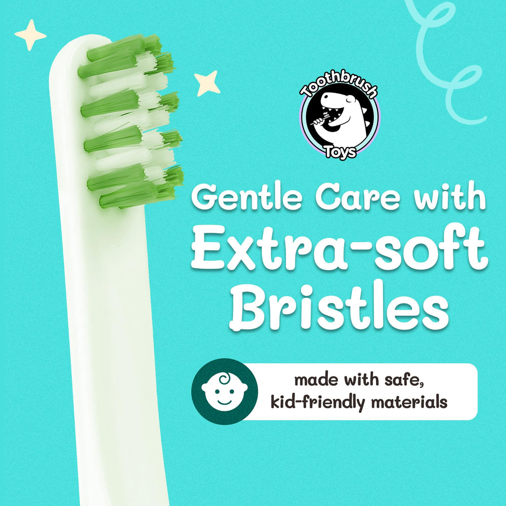 Child brushing teeth with a dinosaur-themed toothbrush