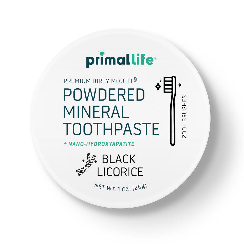 Dirty Mouth Toothpowder bottle in Black Licorice flavor, 1 oz (front view).