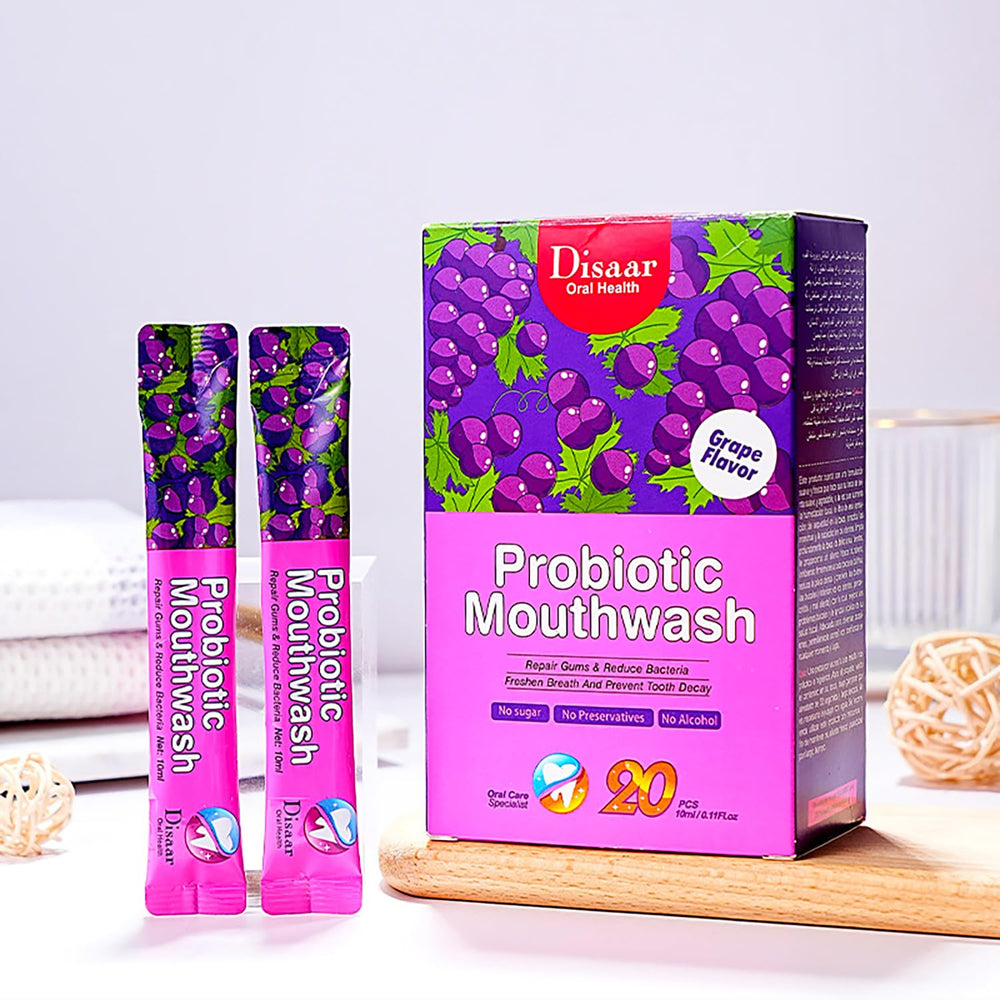Travel-sized mouthwash and sachets arranged for portability