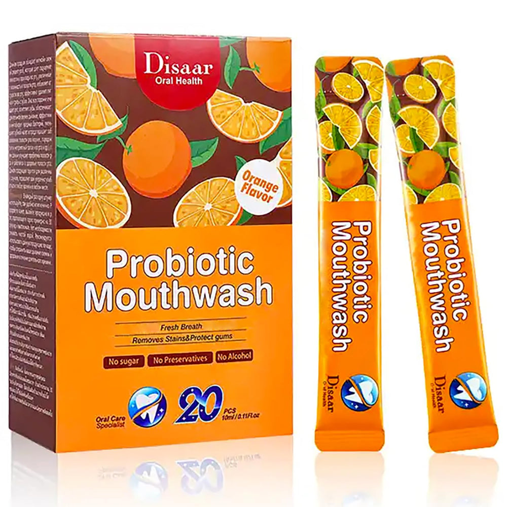 Disaar Beauty Probiotic Mouthwash bottle with orange flavor